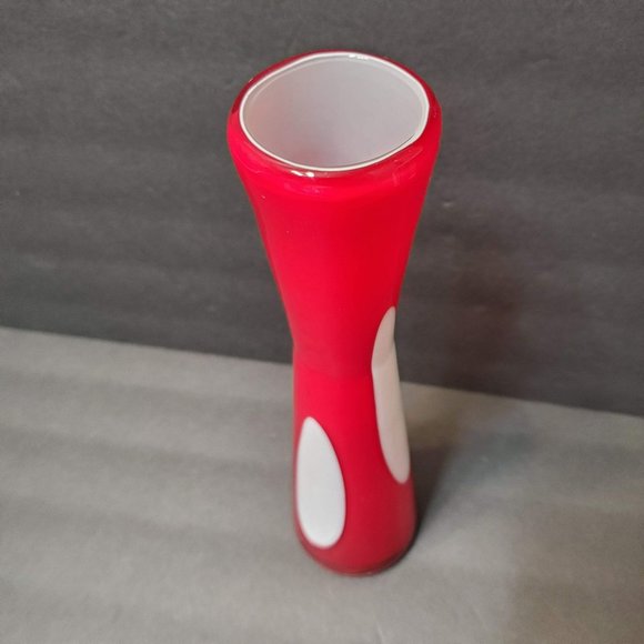 Red and White Cased Glass Vase, Art Glass, Polka Dot Coin Dots, 11", Red Vase - Picture 2 of 7